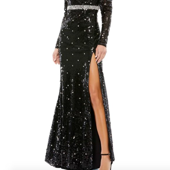MAC DUGGAL 10736 SEQUINED FAUX WRAP PUFF SLEEVE TRUMPET BLACK GOWN sz 6 - Picture 7 of 8
